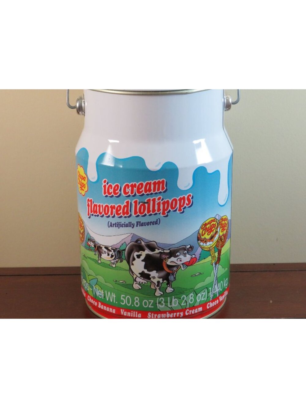 Chupa Chups Ice Cream Flavored Lollipops Tin Can With Handle 50.8 Oz Empty Colle